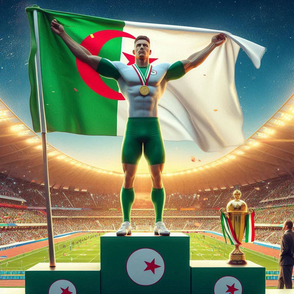 Algerian athlete proudly holding the Algerian flag at an international sporting event