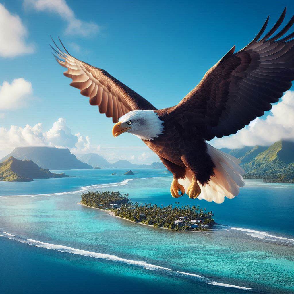 Majestic bald eagle flying over the Pacific Ocean near American Samoa