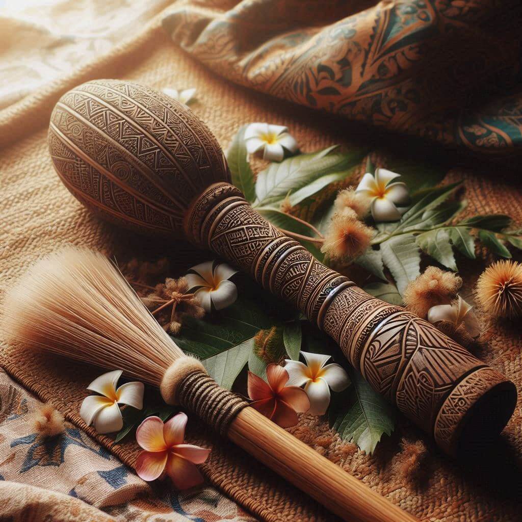 Traditional Samoan war club and fly-whisk on a woven mat surrounded by Pacific island flowers