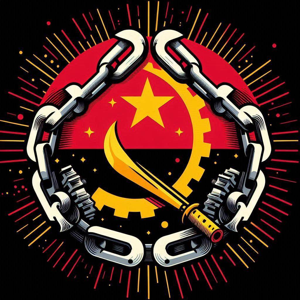 Stylized representation of a broken chain transformed into gears and machetes, symbolizing Angola's journey to independence and sovereignty