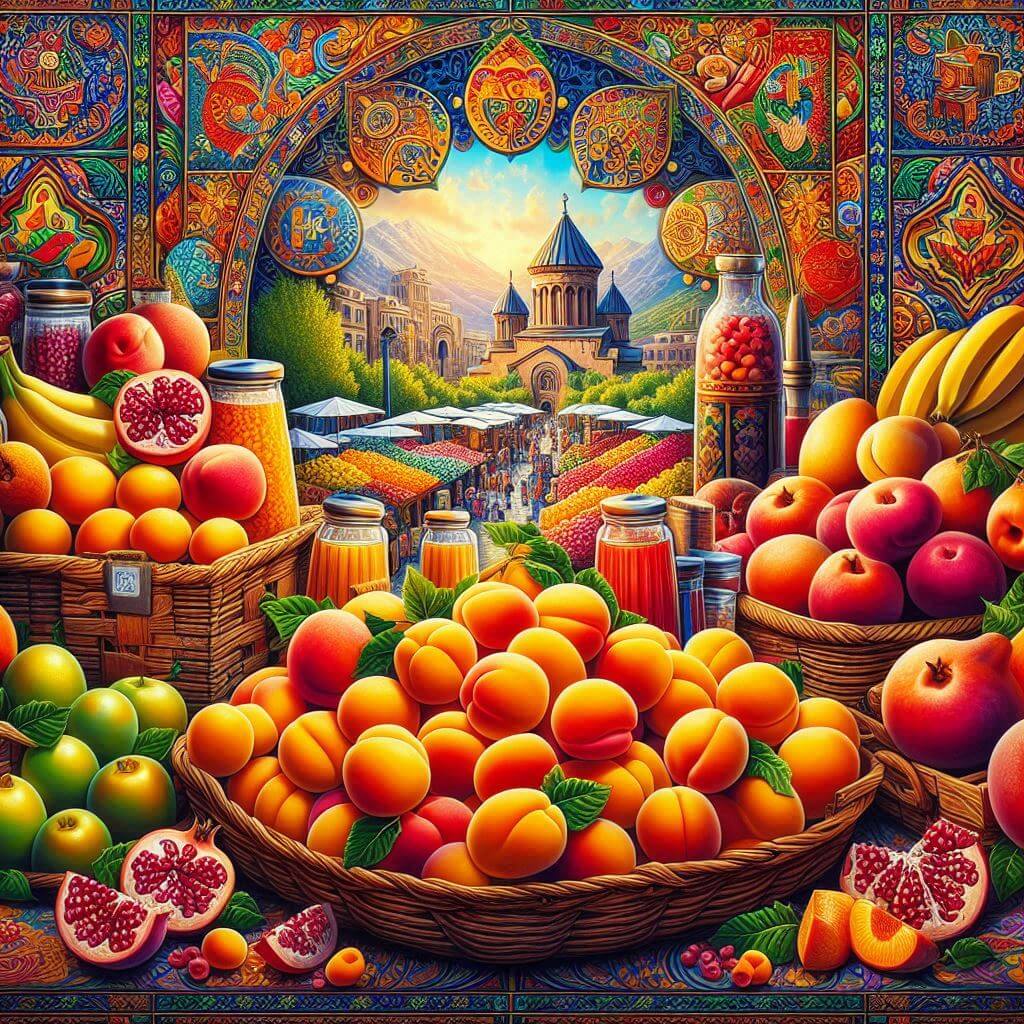 Vibrant market scene in Yerevan, showcasing Armenian culture and traditions through apricots, pomegranates, and patterns