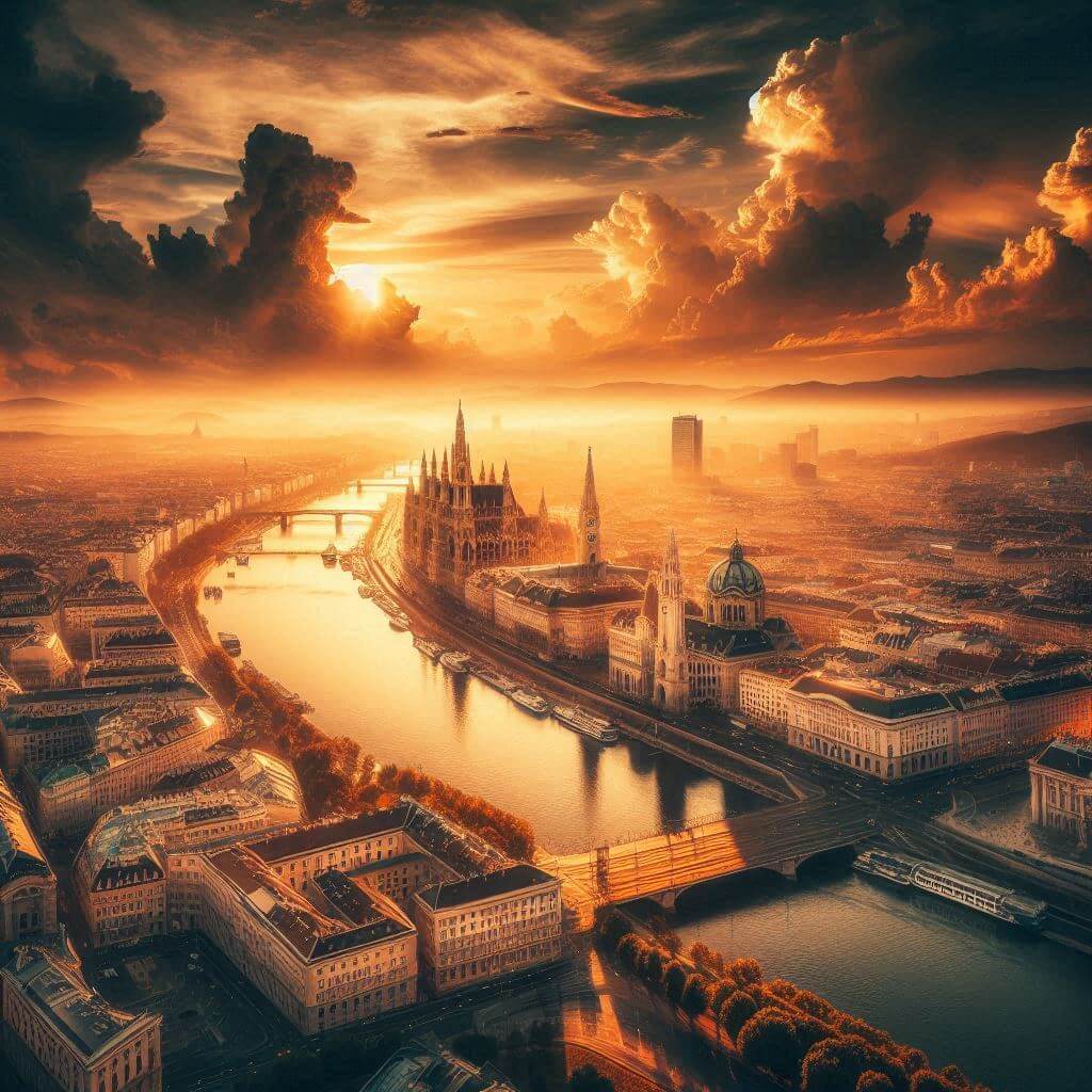 A stunning, sun-kissed image of Vienna's historic cityscape, with the majestic Danube River at its heart, showcasing Austria's grandeur and heritage