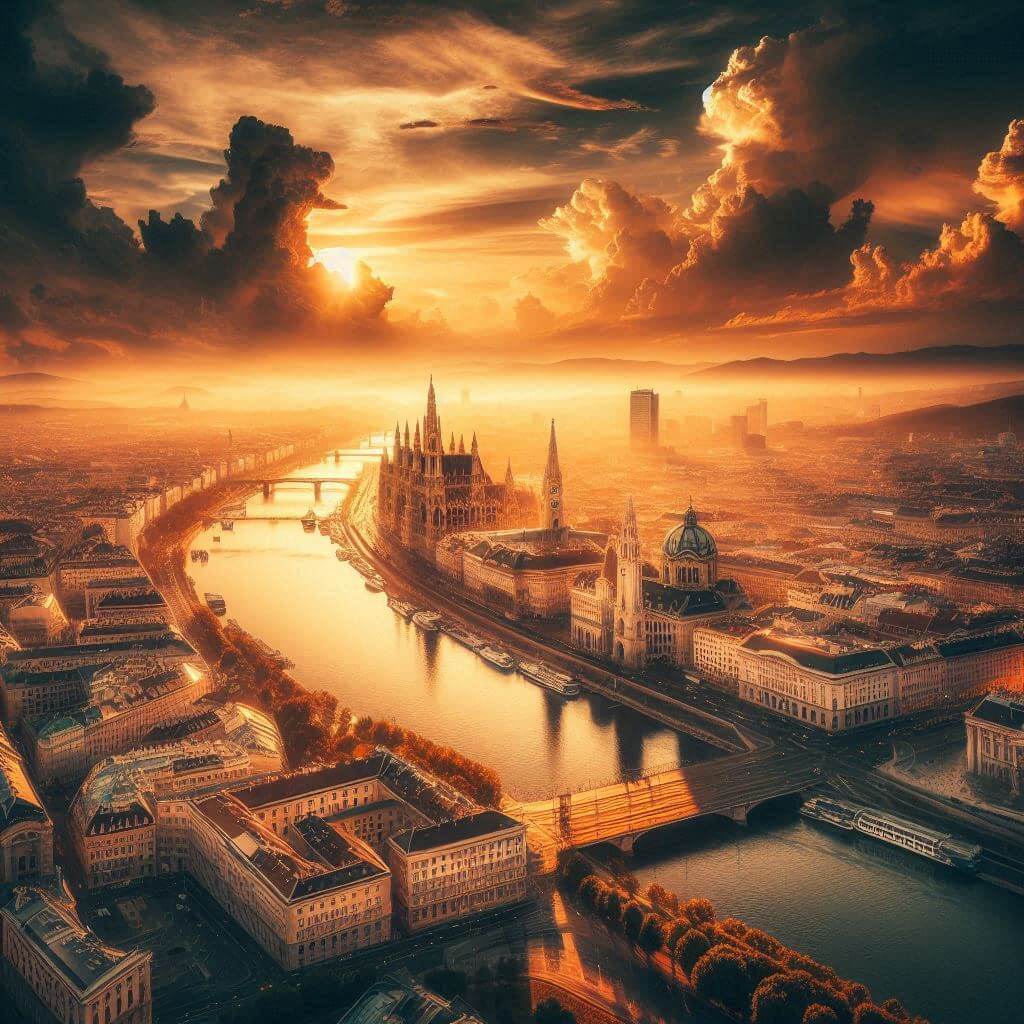 Una impresionante imagen bañada por el sol del paisaje histórico de Viena, con el majestuoso río Danubio en su corazón, que muestra la grandeza y el patrimonio de Austria