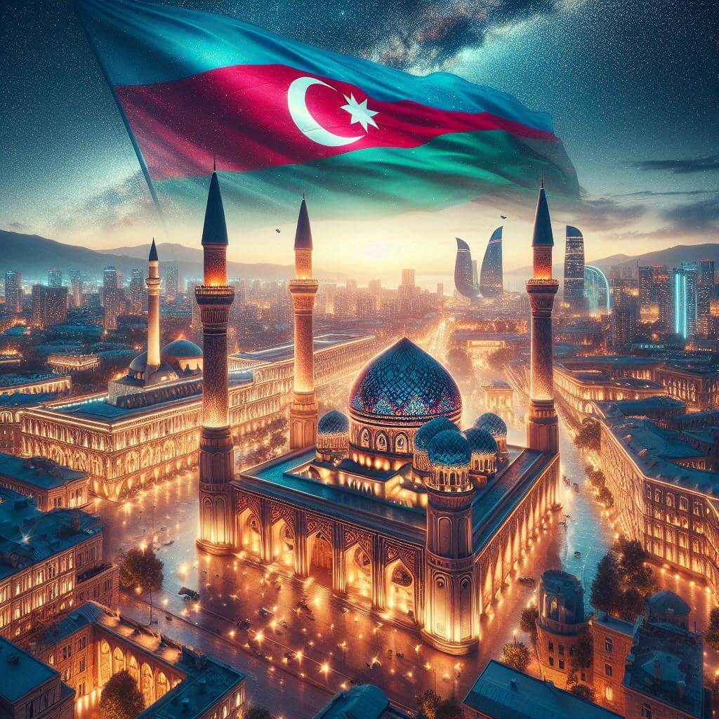 A stunning night scene of Baku, symbolizing Azerbaijan's rich cultural heritage and modern spirit