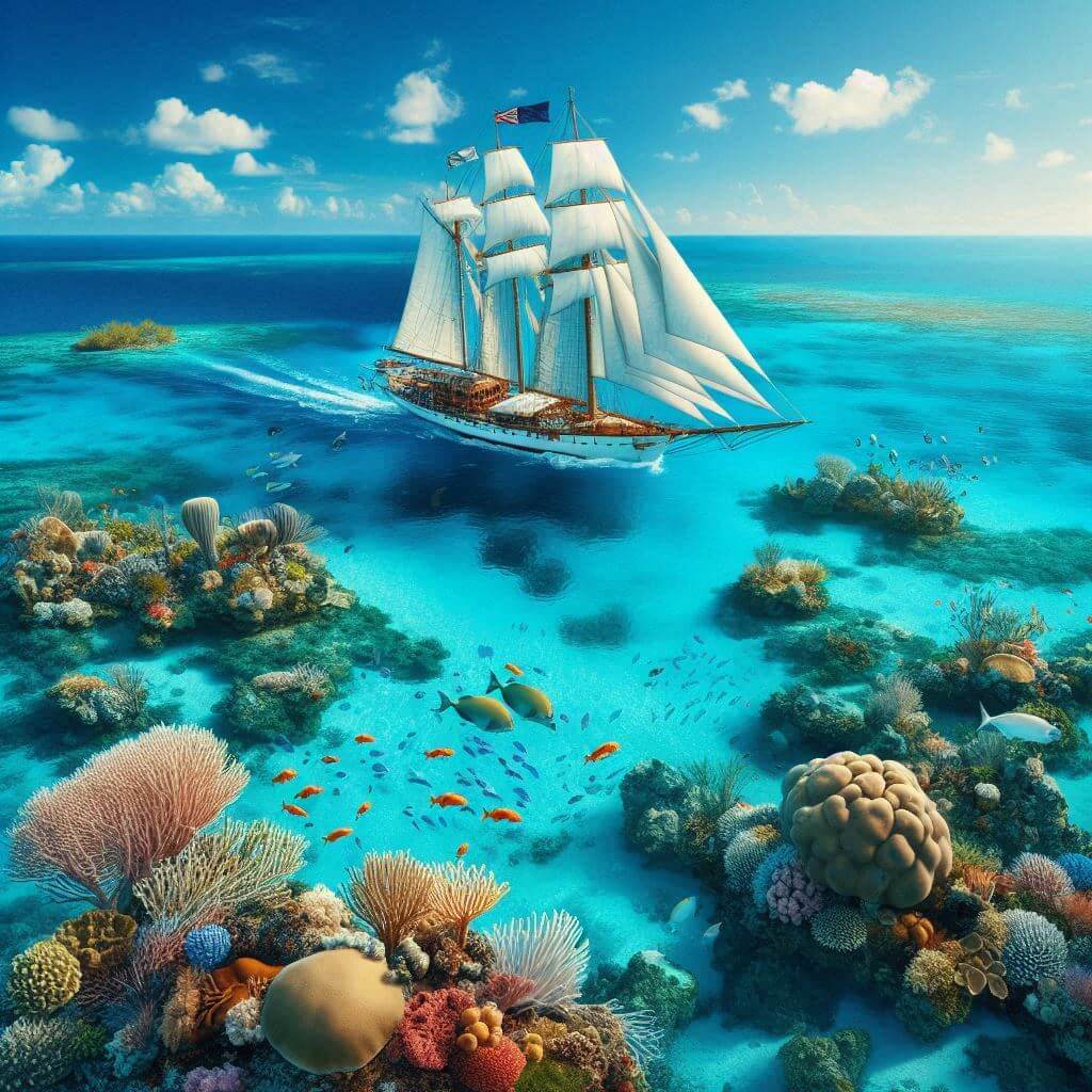 Vibrante velero navegando por las turquesas aguas del Caribe, representando la belleza marina y el orgullo nacional de las Bahamas.