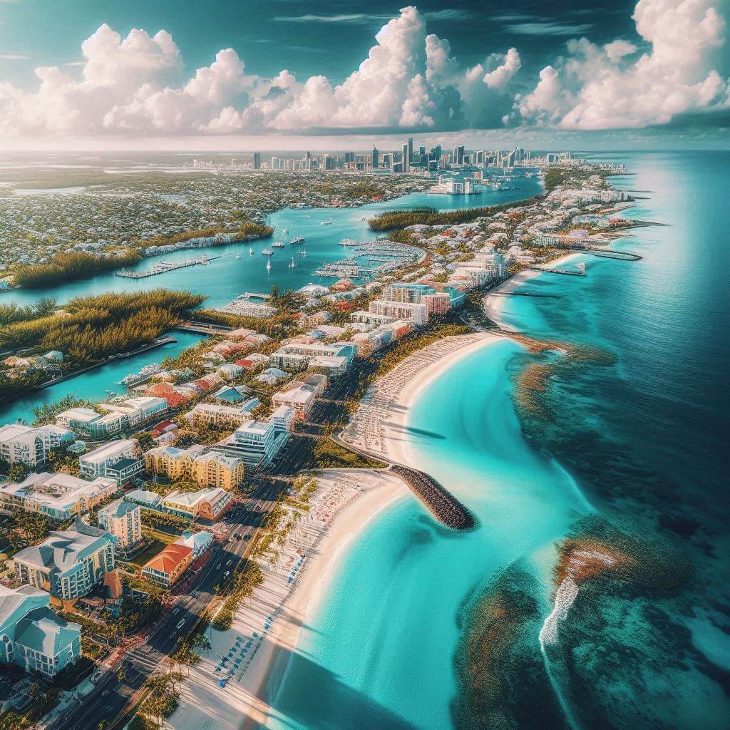 Vista aérea de la costa de Nassau, con edificios coloridos, playas prístinas y vegetación exuberante, destacando la belleza y el encanto de la capital de las Bahamas.