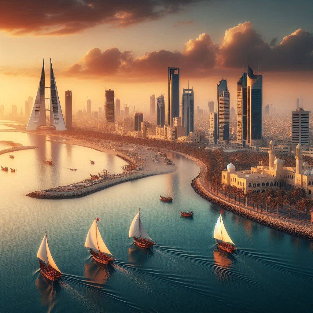 Bahraini coastline at sunrise with traditional sailboats and modern skyscrapers