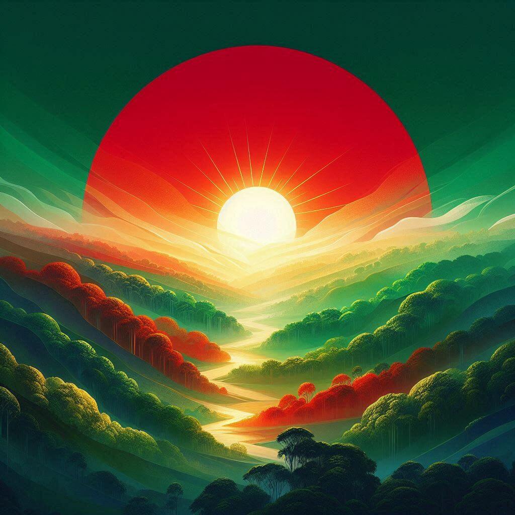 Amanecer sobre los paisajes exuberantes de Bangladesh, simbolizando esperanza y aspiraciones