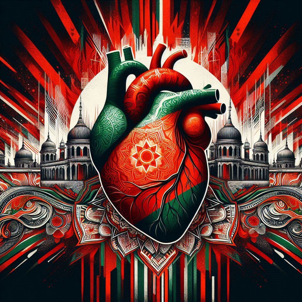 Corazón bengalí latiendo con vida y propósito, rodeado de arquitectura tradicional, simbolizando el orgullo nacional