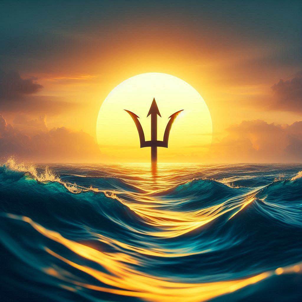 Vibrant sunset over the Caribbean Sea with a stylized trident emerging from the waves, representing Barbados' maritime heritage and independence.