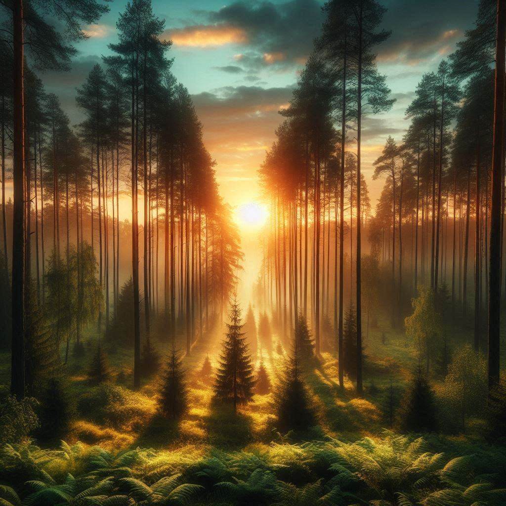 A majestic forest in <b>Belarus</b>, with tall trees and a sunrise in the background, symbolizing hope and renewal