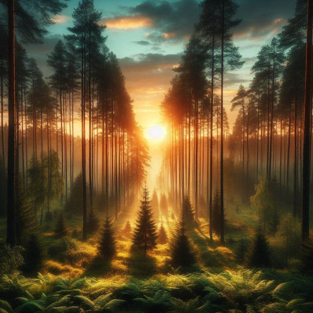 A majestic forest in Belarus, with tall trees and a sunrise in the background, symbolizing hope and renewal