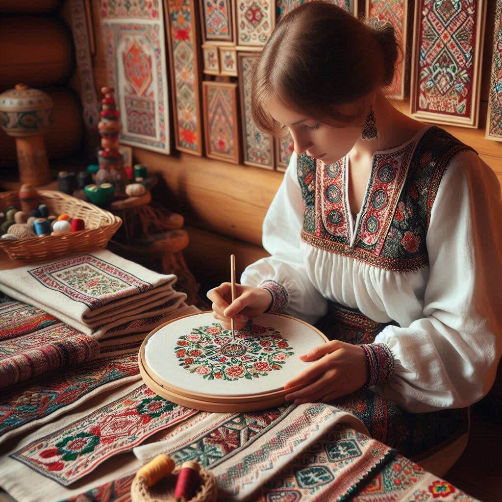 A traditional Belarusian embroidery artist at work, surrounded by intricate designs and patterns, highlighting the country's rich cultural heritage