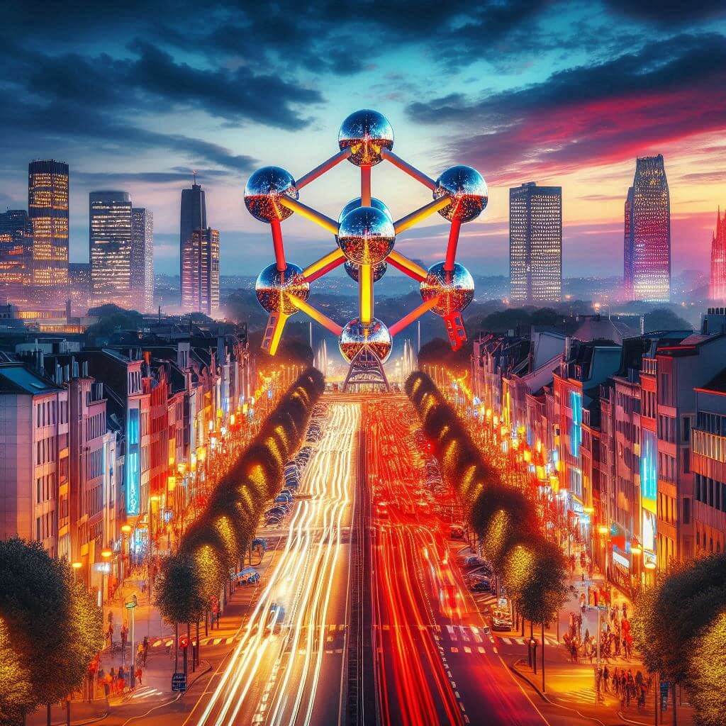 Vibrant cityscape in Brussels at dusk, with Atomium structure lit up in red, yellow, and black, reflecting Belgium's industrial heritage and national pride