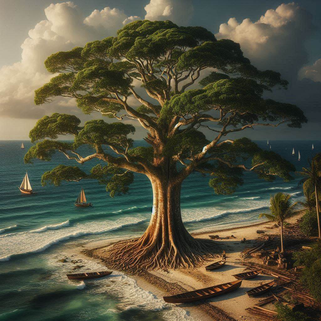 Majestic mahogany tree on the Belizean coast, symbolizing national pride and rich history