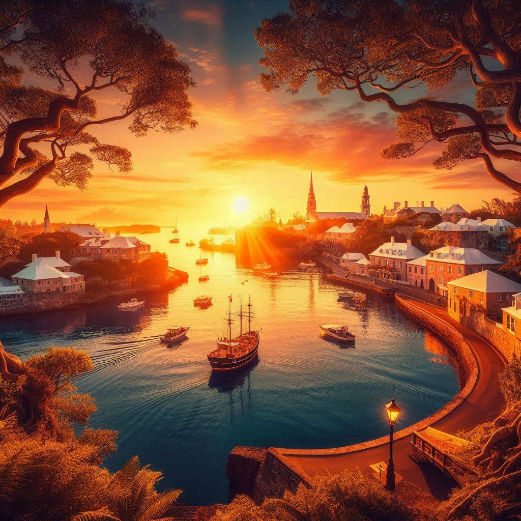 Amanecer sobre St. George, Bermudas, representando la historia marítima y el patrimonio cultural de la isla