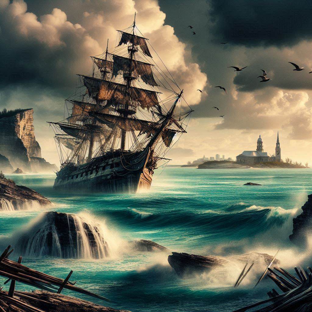 Representación dramática del naufragio del Sea Venture, simbolizando el papel de Bermudas en la colonización británica y la identidad cultural