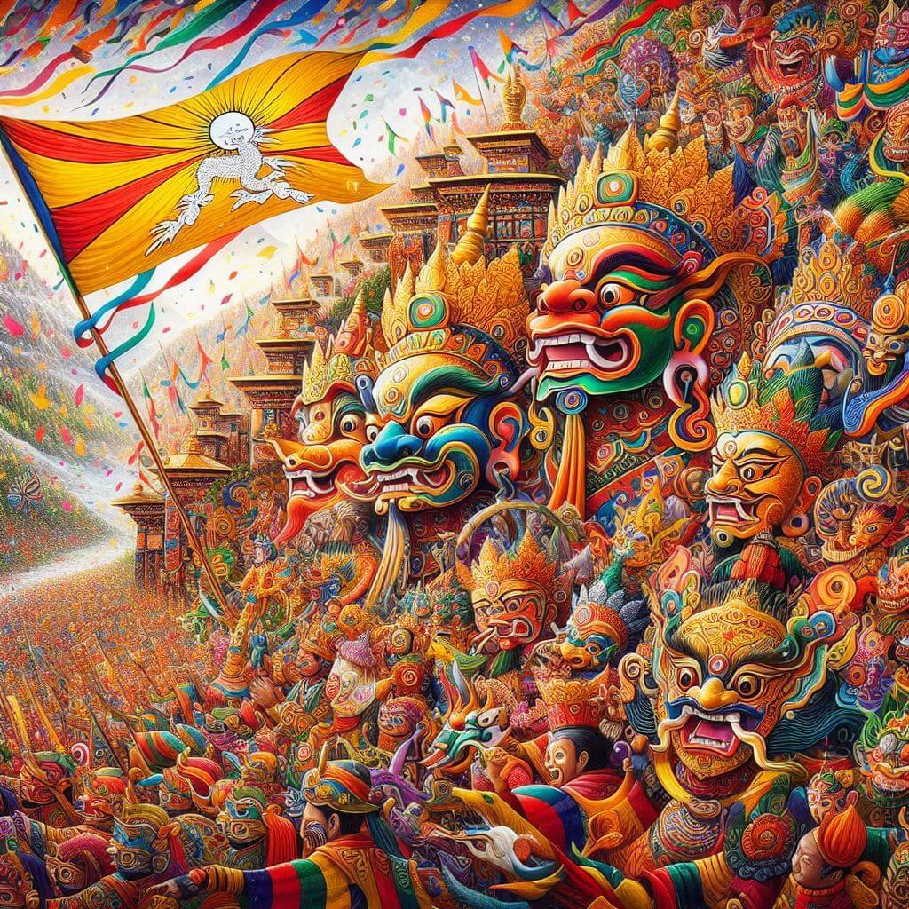 Vibrante festival Tshechu butanés con bandera nacional y decoraciones tradicionales