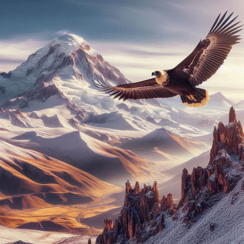 Andean condor flying over Cerro Rico de Potosí, Bolivia