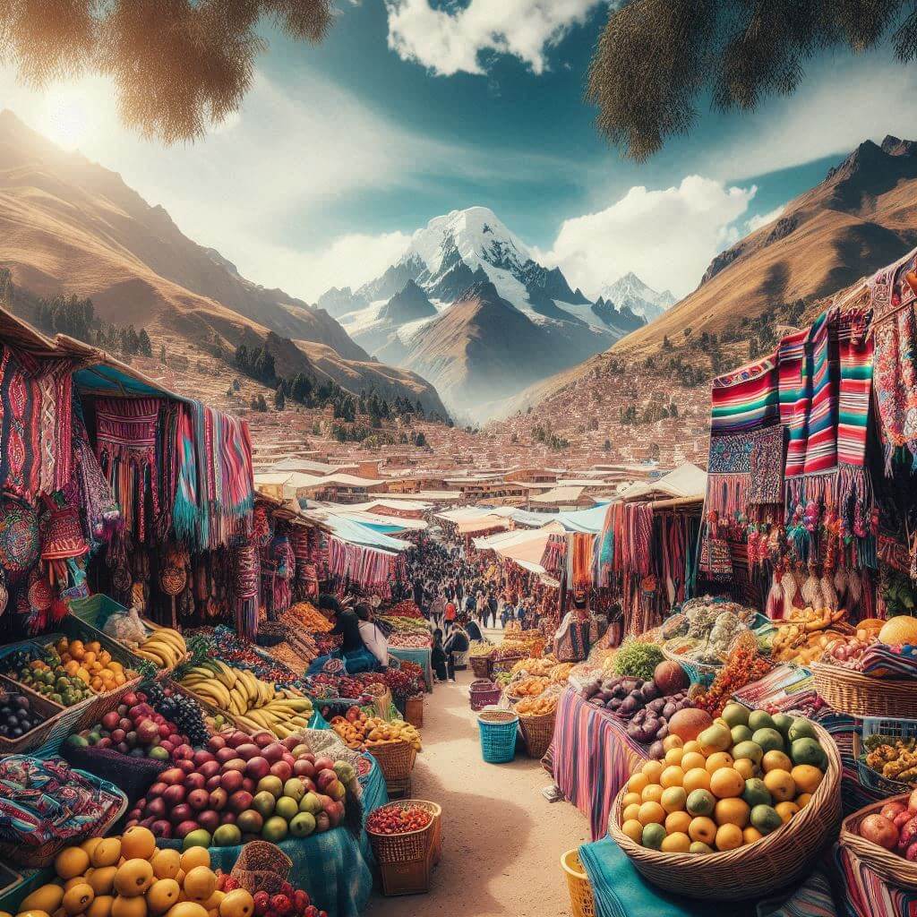 Escena vibrante de mercado en La Paz, Bolivia, mostrando la diversidad cultural