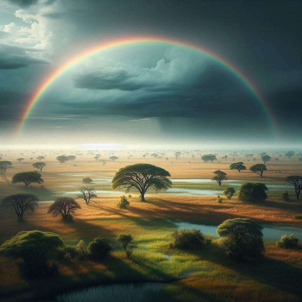 Día lluvioso en la sabana de Botsuana, simbolizando paz y armonía