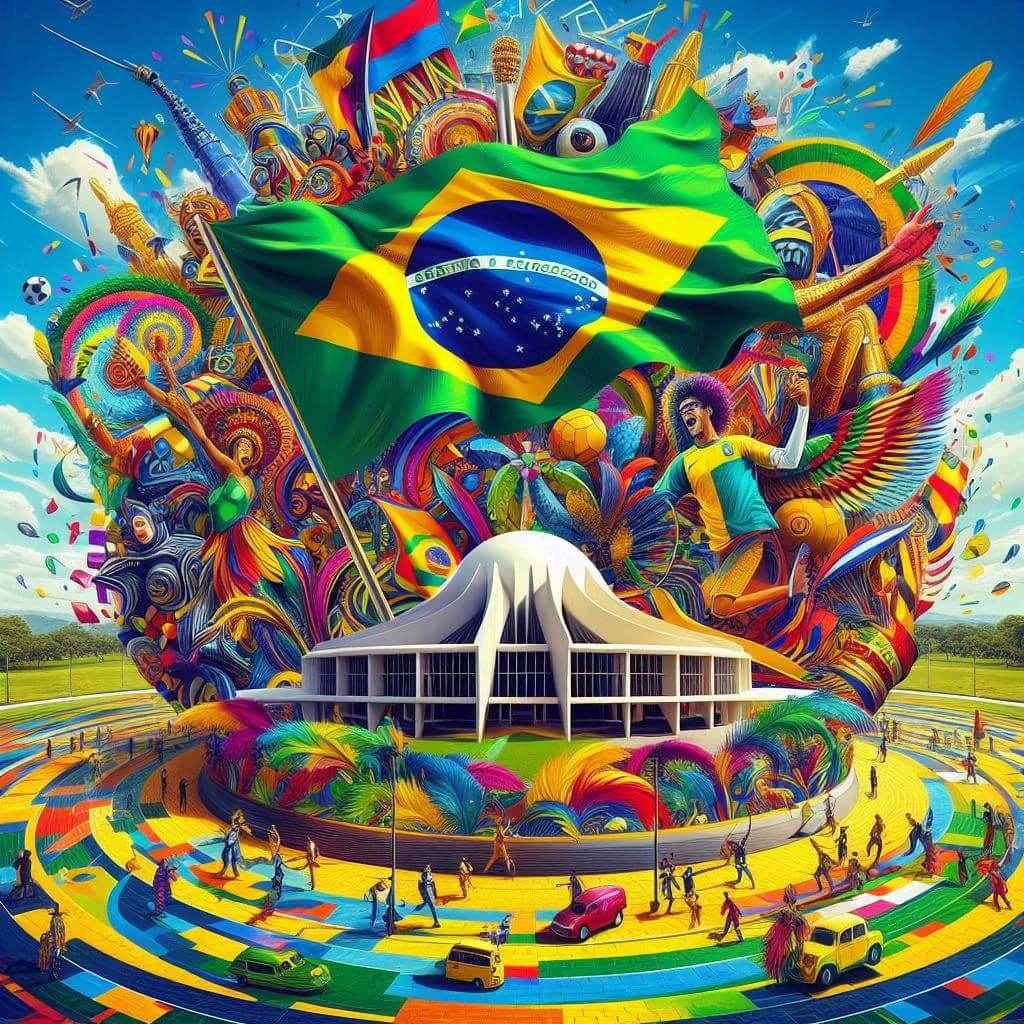 Vibrant depiction of Brazilian culture and national pride, featuring the flag and iconic symbols of the country's rich heritage