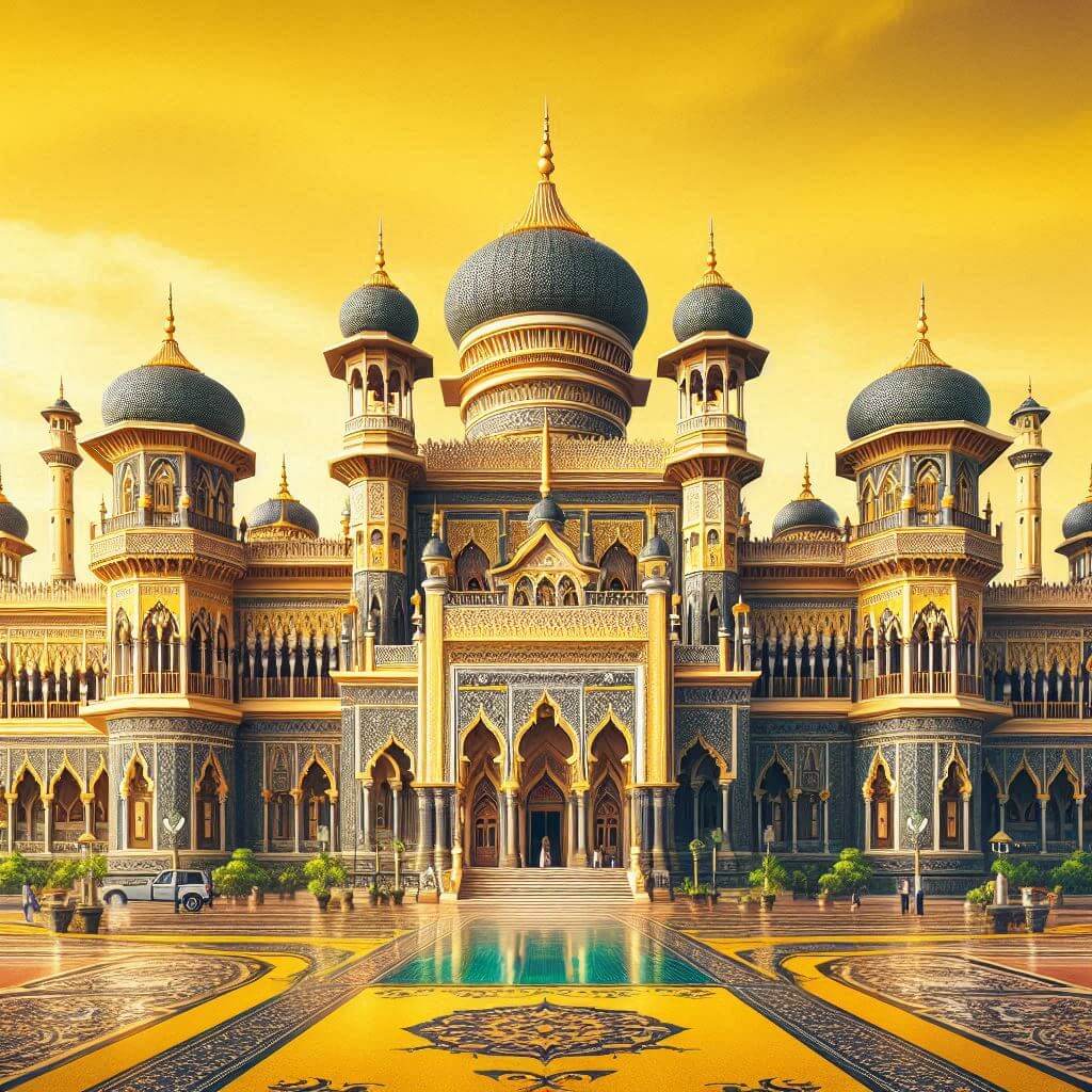 Palacio majestuoso inspirado en el Islam con arquitectura intrincada, simbolizando la rica herencia cultural de Brunei.