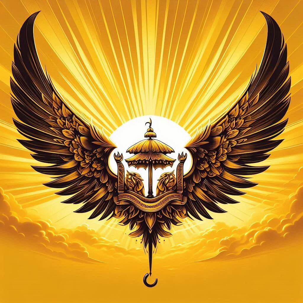 Impresionante representación de una puesta de sol bruneana, con cálidos tonos amarillos reflejados en un majestuoso parasol, simbolizando protección y benevolencia.