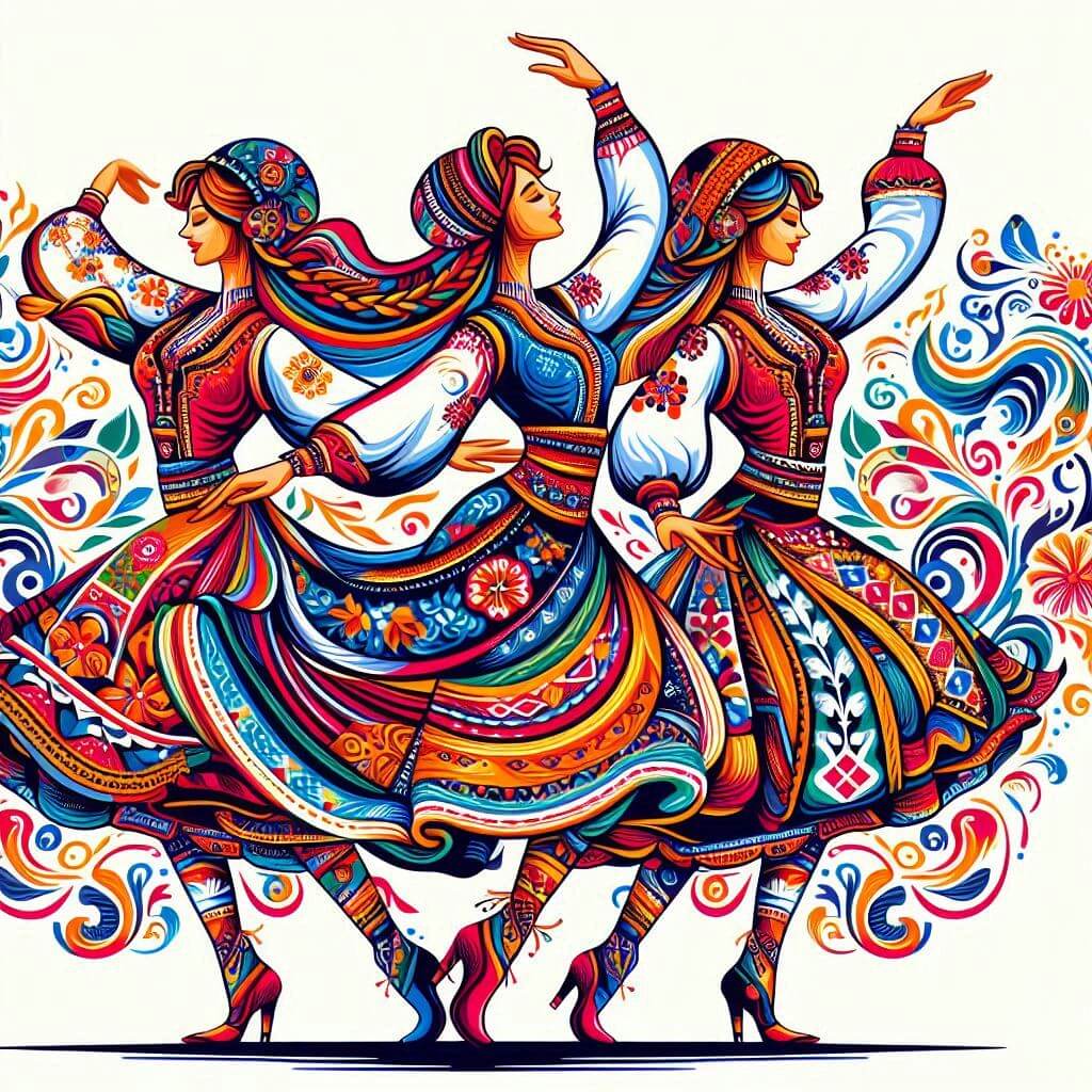 Vibrant illustration of a traditional Bulgarian folk dance, highlighting the country's cultural diversity and national identity.