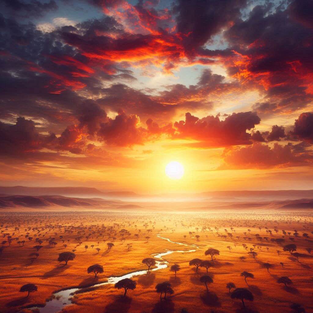 Amanecer vibrante sobre las sabanas burkinesas, que representa la esperanza y la riqueza natural de la nación.