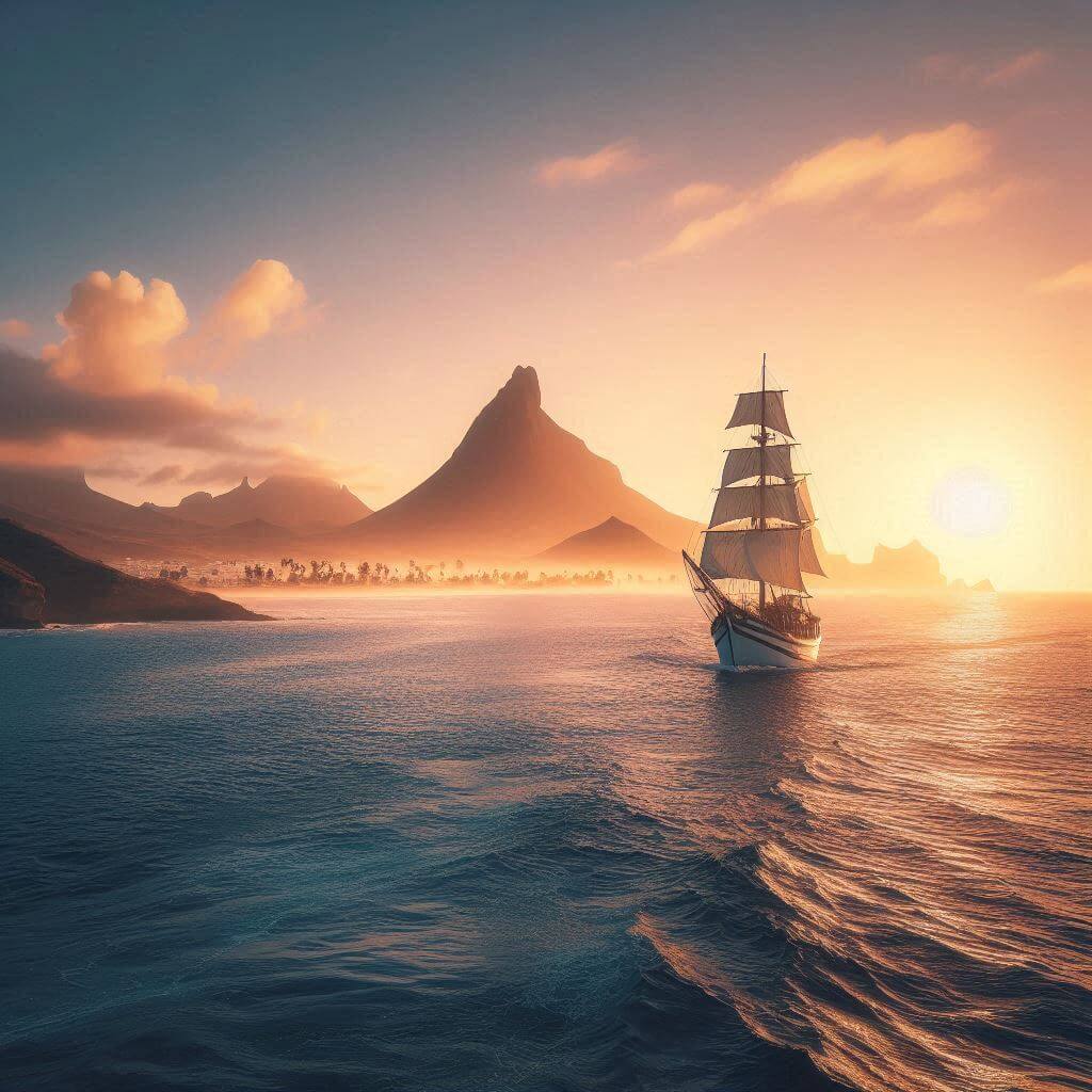 Peaceful coastal sunrise with a sailboat in the distance, representing Cabo Verde's connection to the ocean