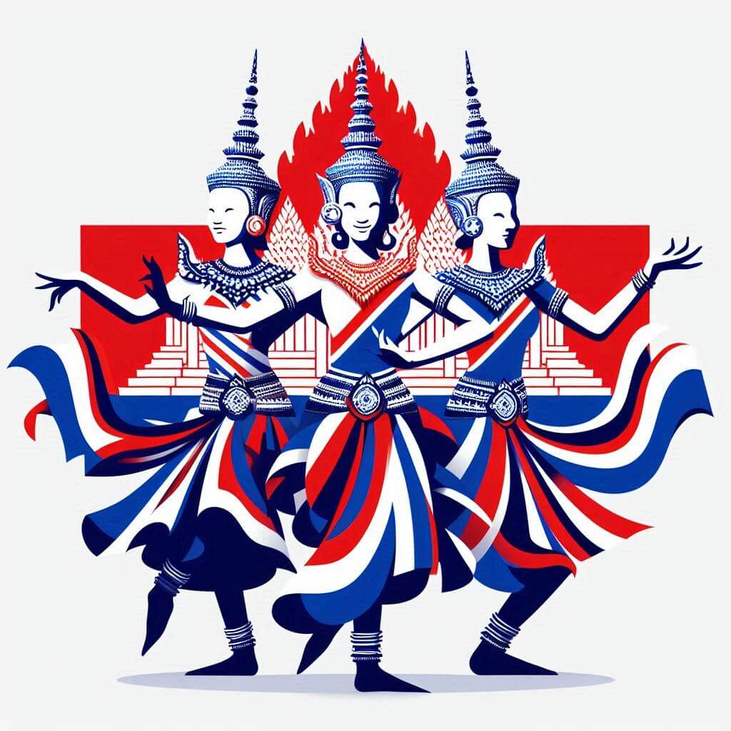 Cambodian dancers in traditional costumes, incorporating the colors of the national flag