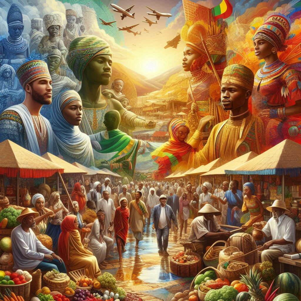 Escena colorida de un mercado que simboliza la diversidad cultural y la unidad nacional de Camerún