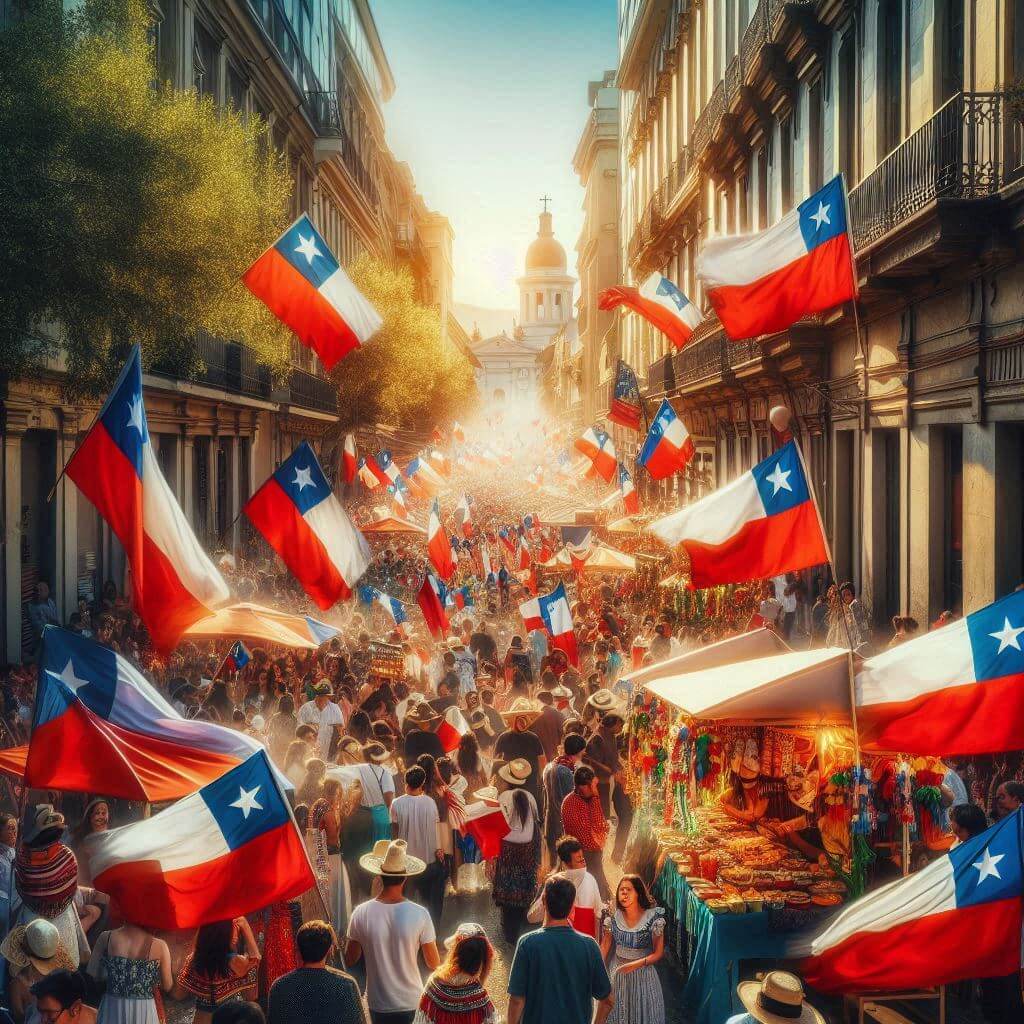 Vibrant street scene in Santiago, with Chilean flags waving proudly amidst a sea of celebrants