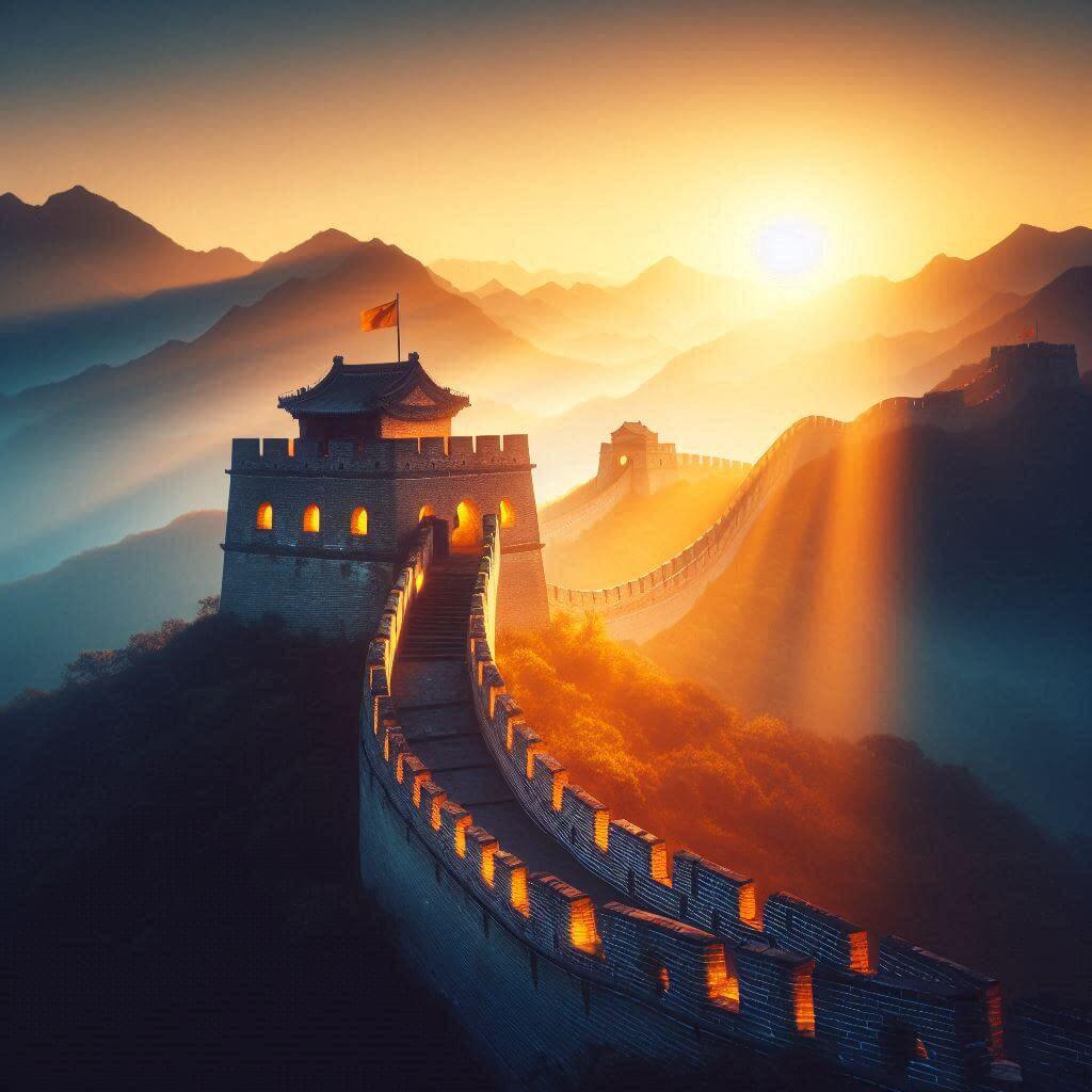 Breathtaking image of the Great Wall of China at sunrise, radiating warmth and hope