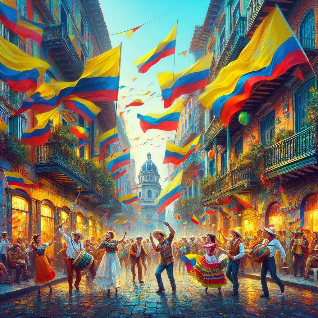 Vibrante escena callejera en Bogotá con edificios coloridos, bailarines animados y banderas colombianas ondeando