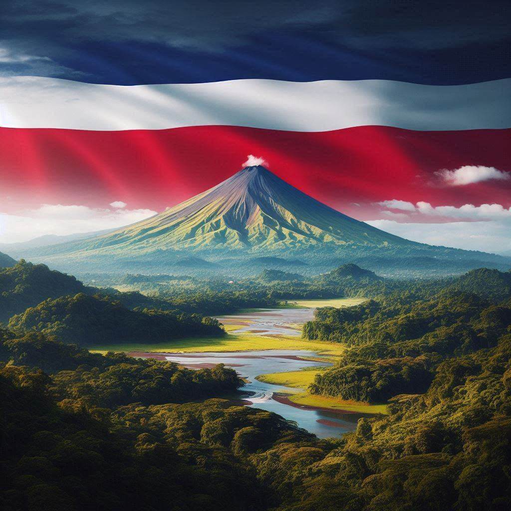 Majestic volcano in a lush Costa Rican valley, representing national pride and passion