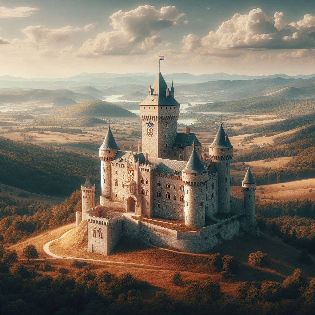 Medieval castle in a Croatian landscape, symbolizing national heritage and sovereignty