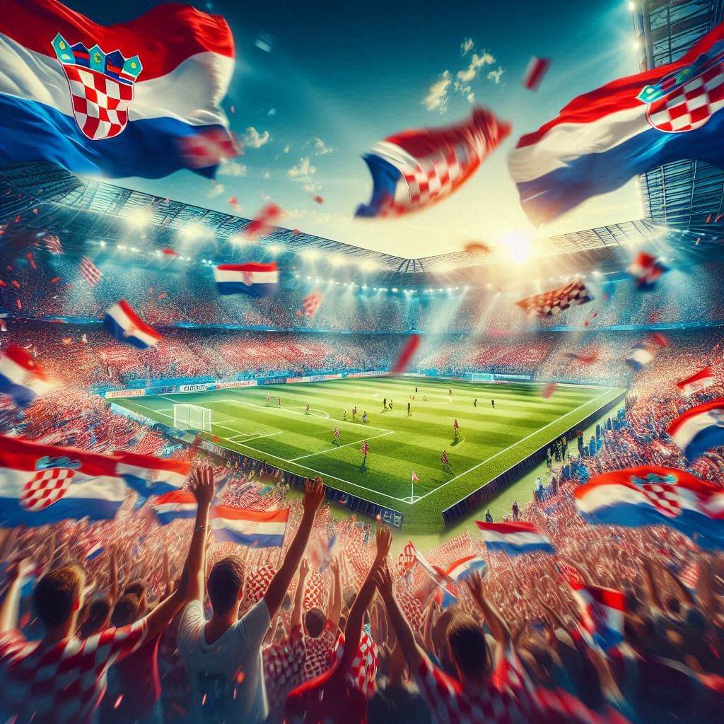 Croatian football fans celebrating with flags, embodying national pride and enthusiasm