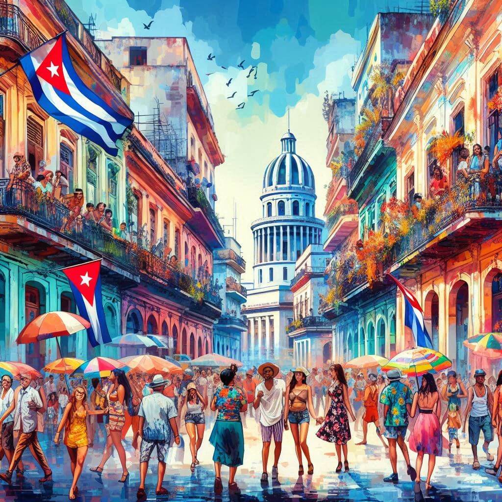 Vibrant street scene in Havana with Cuban flag colors