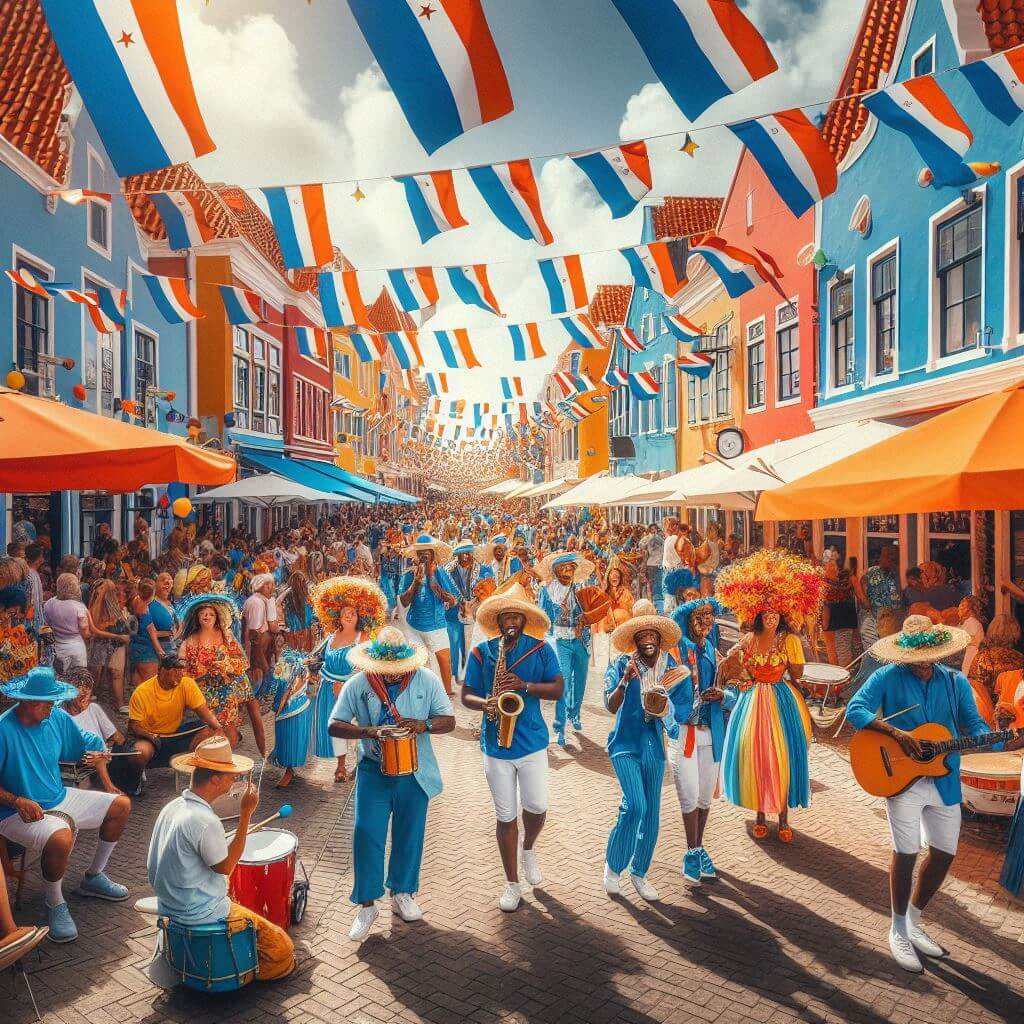 Lively street scene in Willemstad, capturing <b>Curaçao's</b> cultural heritage and national pride