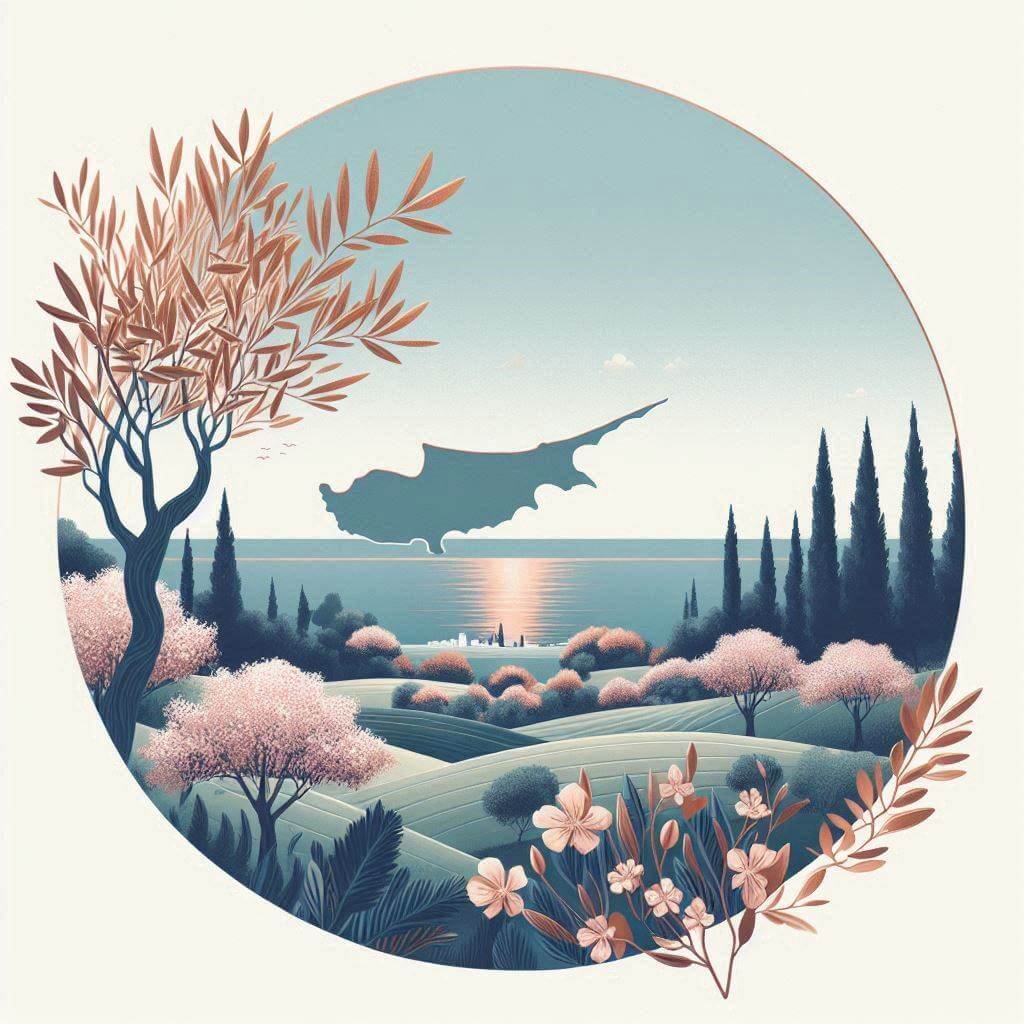 Paisaje mediterráneo tranquilo con sutiles toques de los colores de la isla de Chipre, simbolizando unidad y paz.