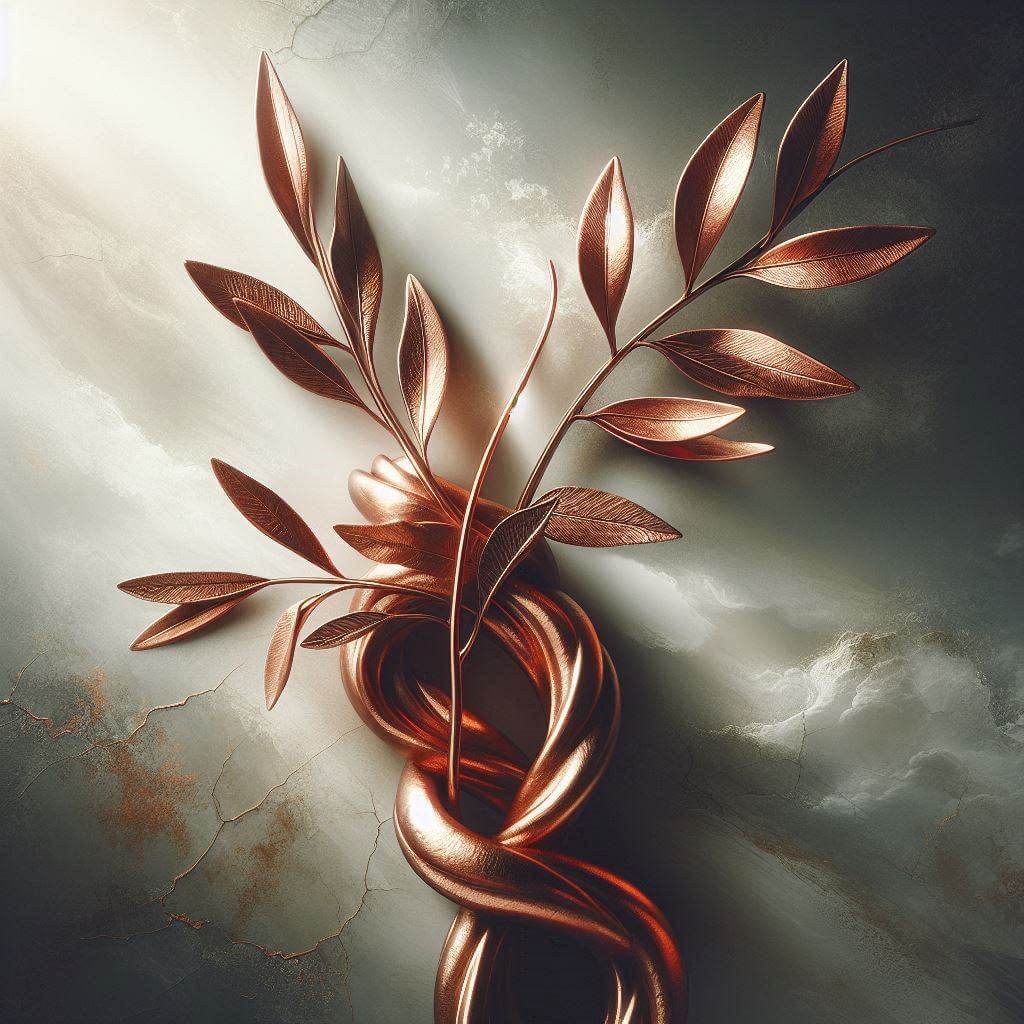 Primer plano dramático de ramas de olivo entrelazadas, simbolizando paz y reconciliación en Chipre.