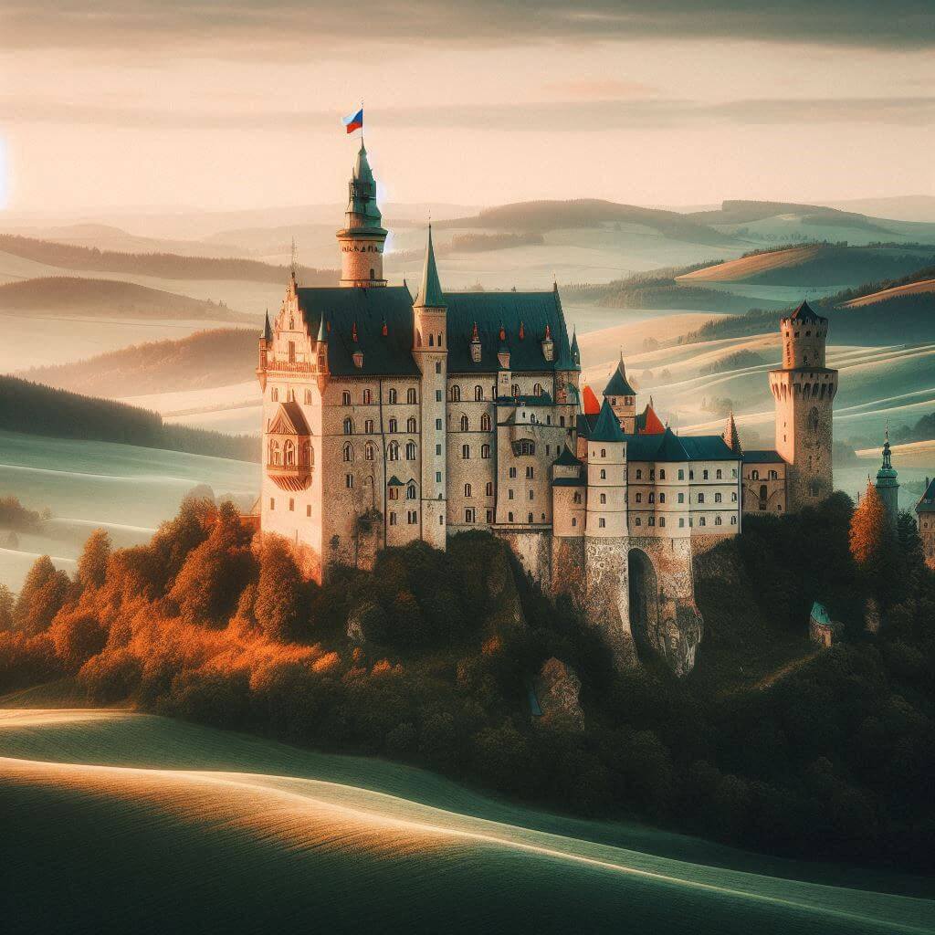Majestuoso castillo medieval en Bohemia, rodeado de colinas ondulantes y sutiles indicios de los colores de la bandera checa