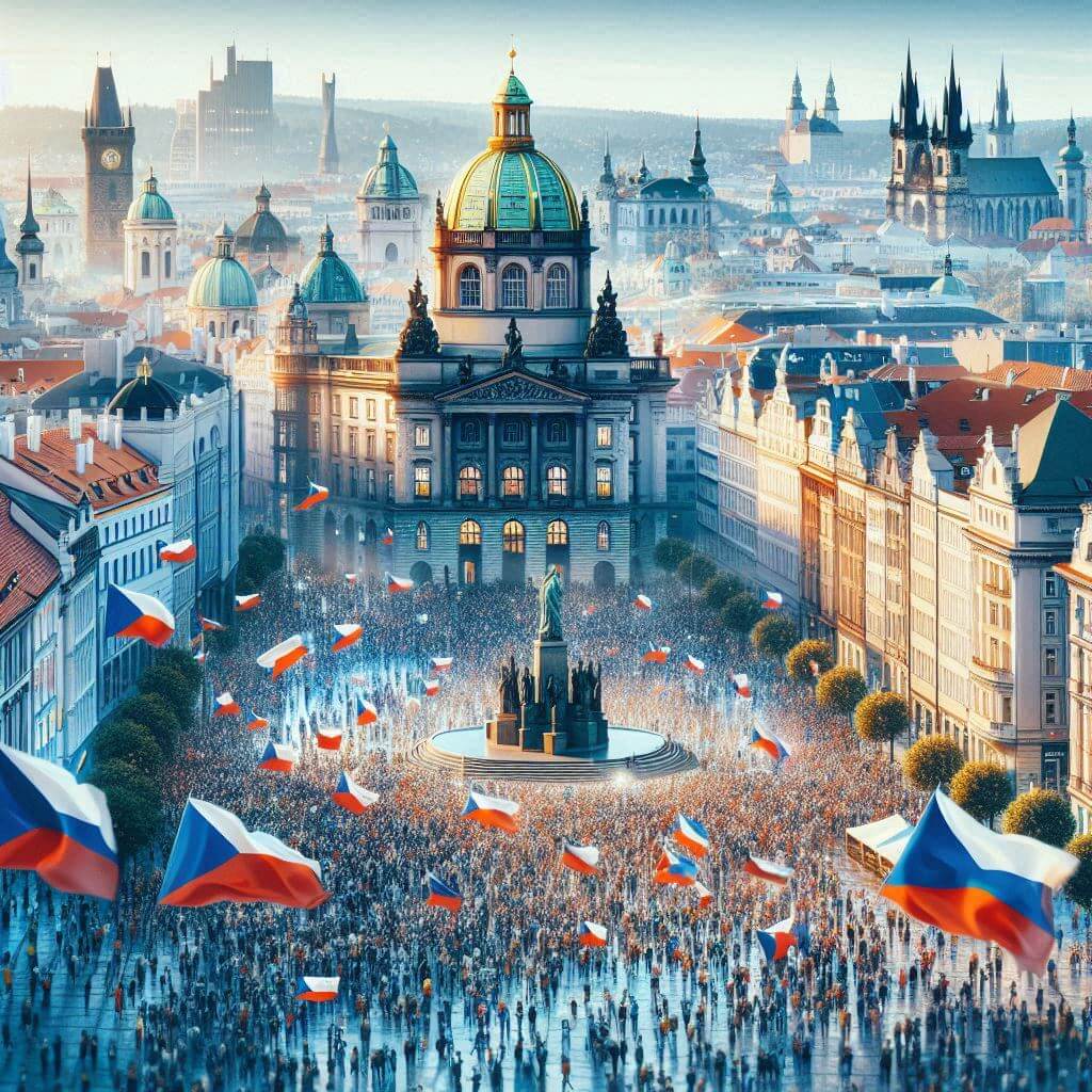 Escena urbana vibrante en Praga, con personas ondeando banderas checas y celebrando el orgullo nacional, rodeadas de edificios históricos y monumentos emblemáticos