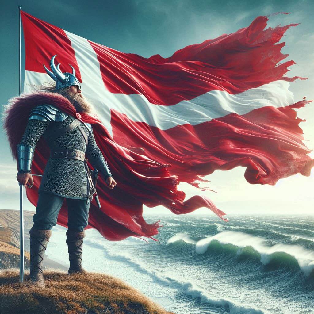 A heroic Viking warrior embracing the Danish spirit, with the national flag waving in the background.