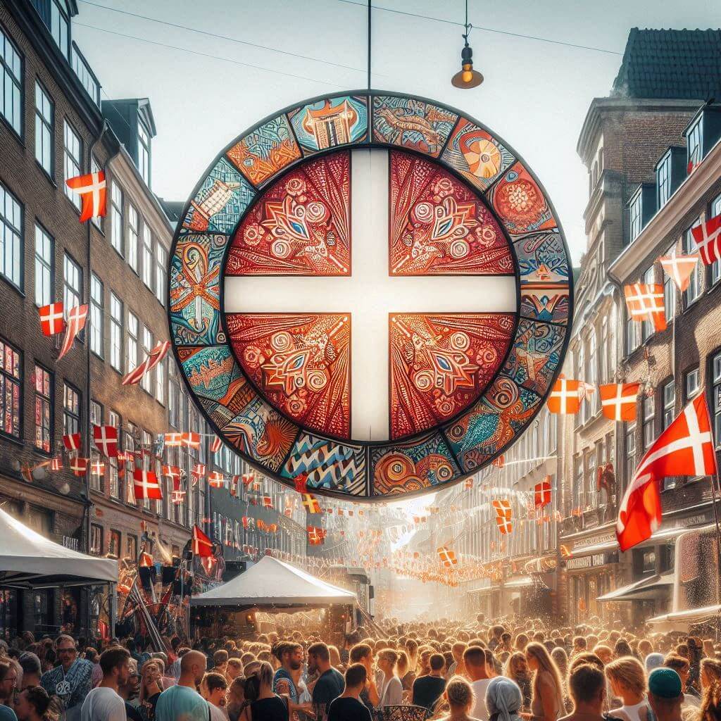 A lively street festival in Copenhagen, with the Danish flag and Scandinavian cross emblem prominently displayed, capturing the city's vibrant spirit and cultural heritage.