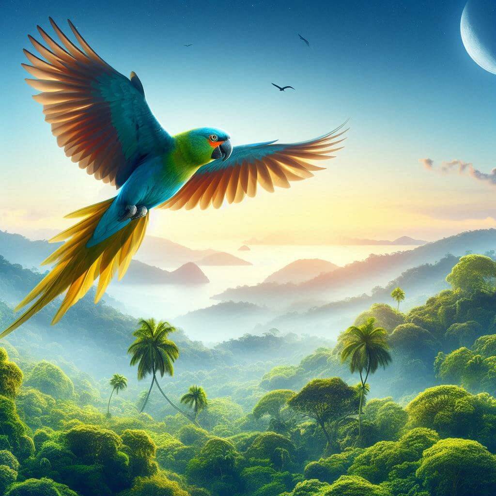 Majestuoso loro Sisserou en vuelo sobre una exuberante selva tropical, representando la belleza natural y las aspiraciones de Dominica.