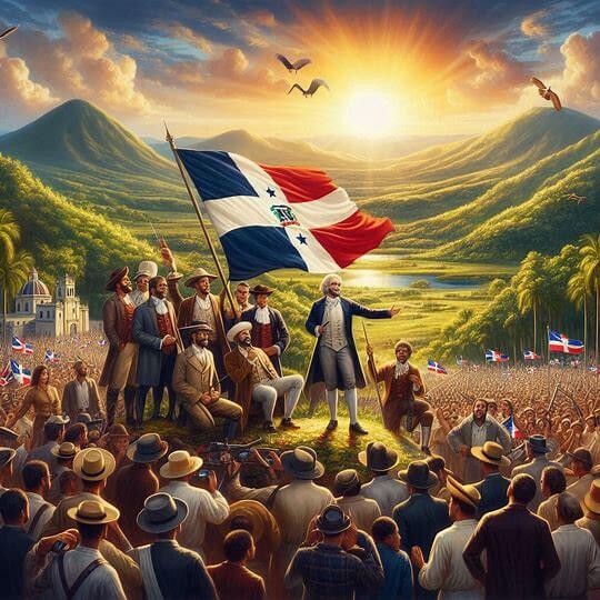 Momento histórico de la declaración de independencia con Juan Pablo Duarte sosteniendo la bandera