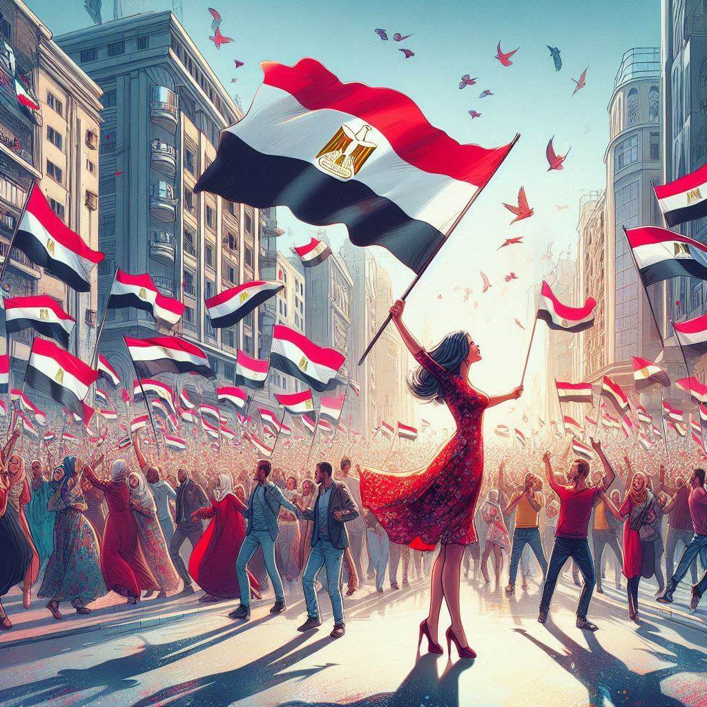 Vibrant street scene in modern Cairo, capturing the spirit of national pride and unity